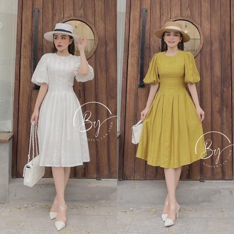 Đầm Li Tay Bồng Cổ Tròn 2 Màu Vàng Trắng Siêu Xinh