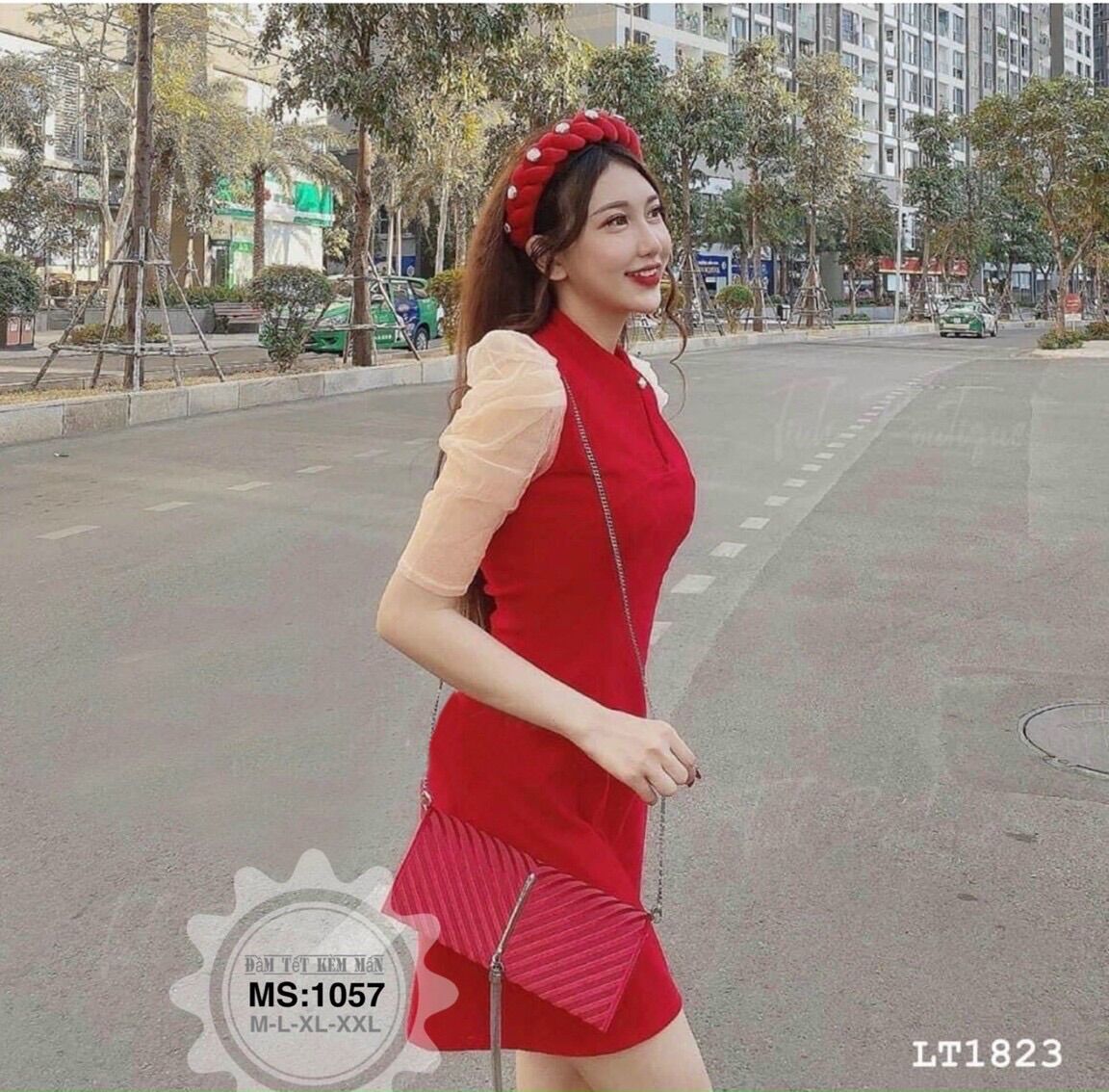 (Shop bigsize nữ 50kg-90kg) Đầm Tết kèm mấn màu đỏ, đen