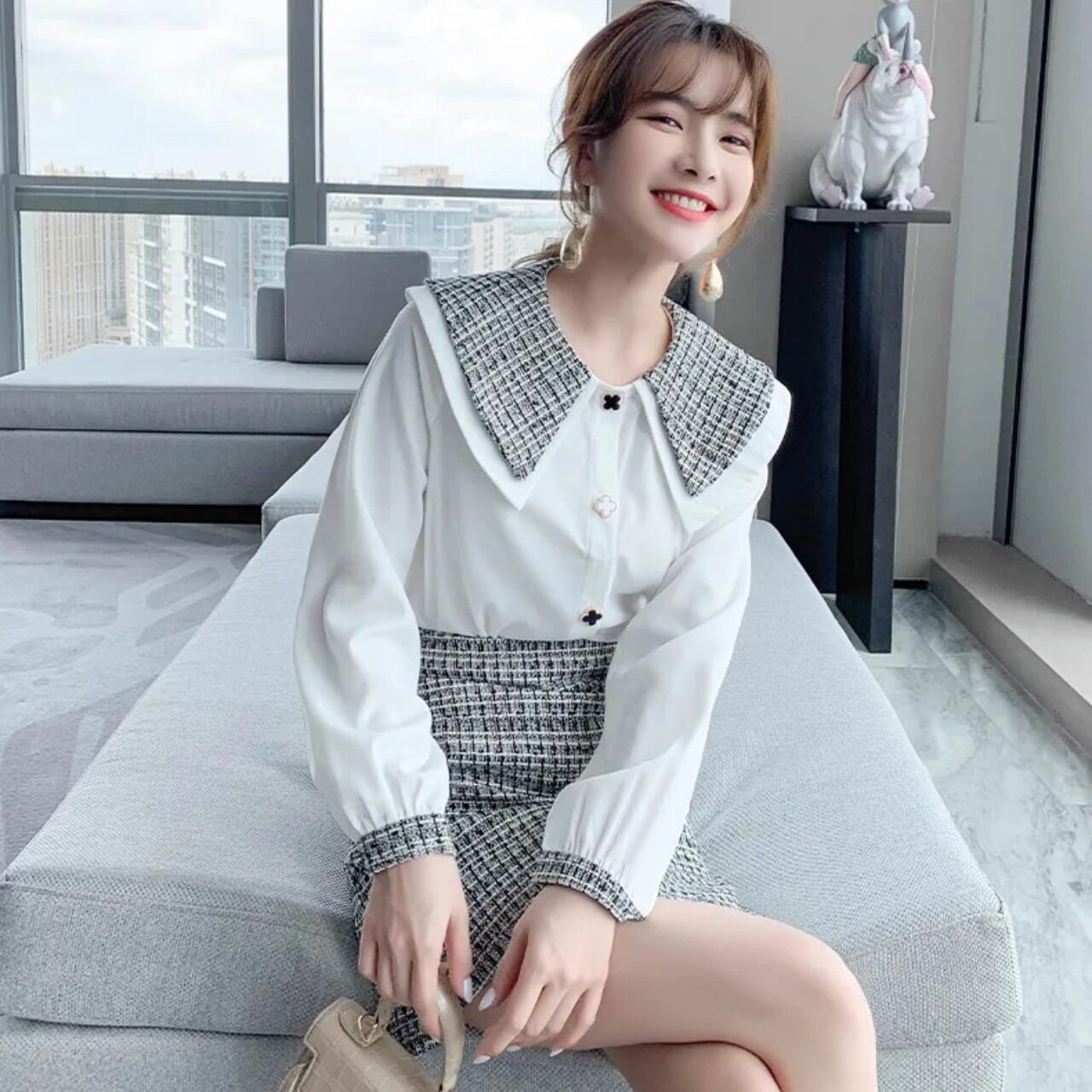 Sét Váy Sơ Mi Dạ Tweed Trắng Đen Hàng Quảng Châu