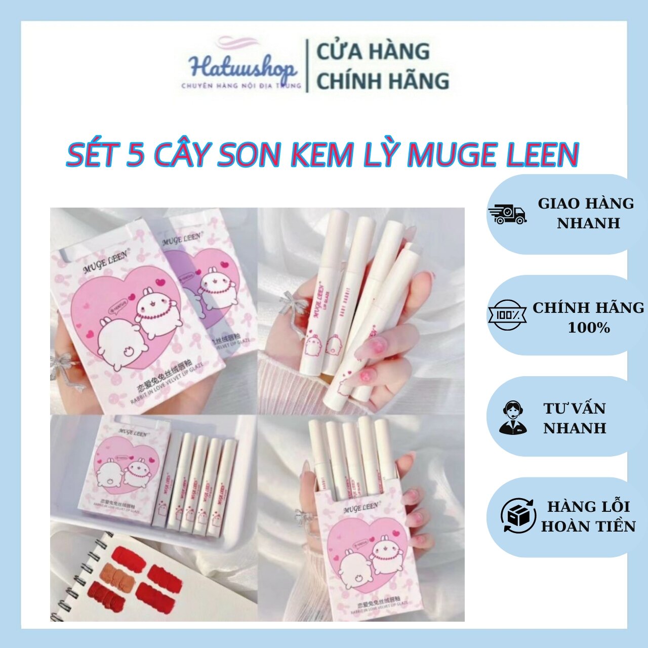 Sét 5 Cây Son Kem Lỳ MUGE LEEN Trái Tim Hồng