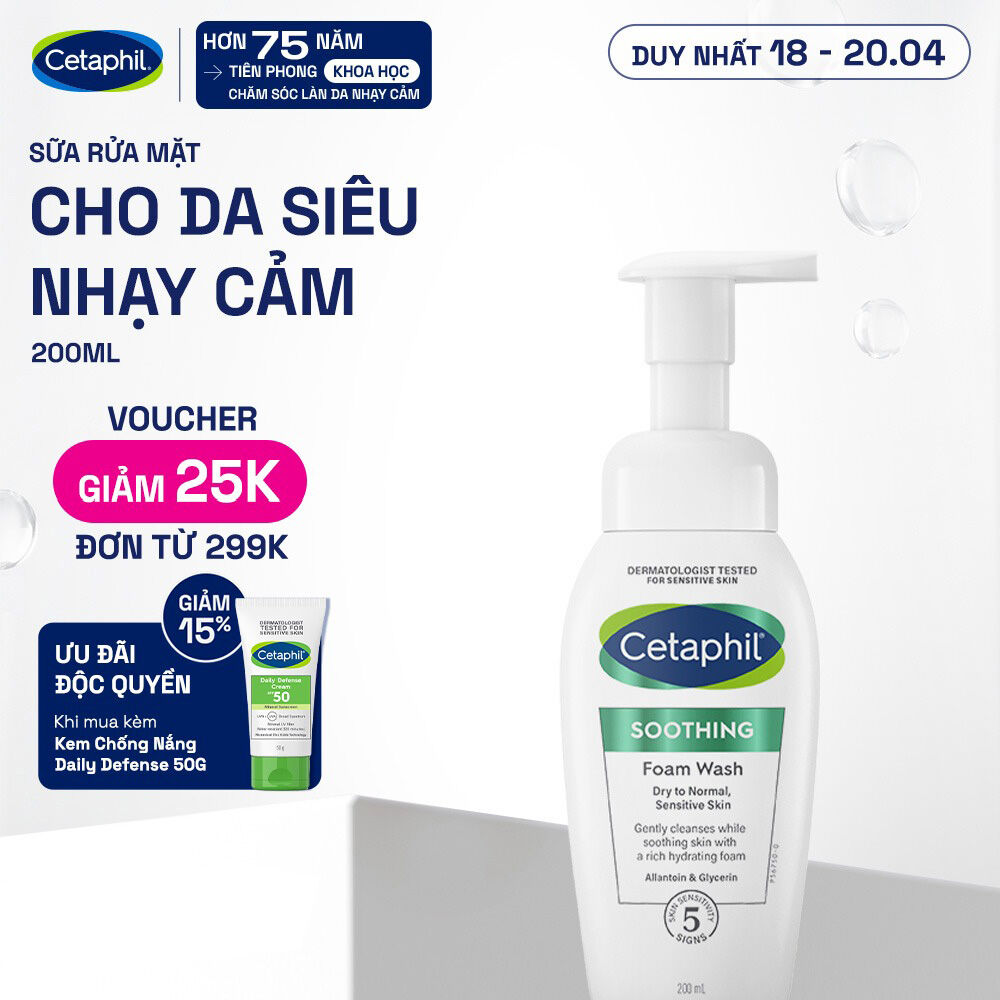 Sữa rửa mặt dạng bọt siêu mềm mịn giúp làm dịu tức thì  cấp ẩm tối ưu cho da nhạy cảm CETAPHIL SOOTHING FOAM WASH 200ML