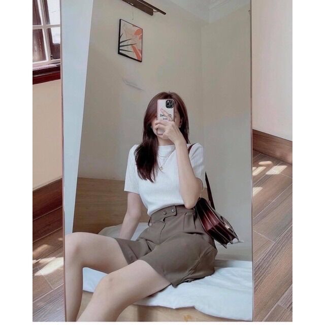 Áo len tăm trơn cộc tay cổ tròn basic dáng ôm - Lumii