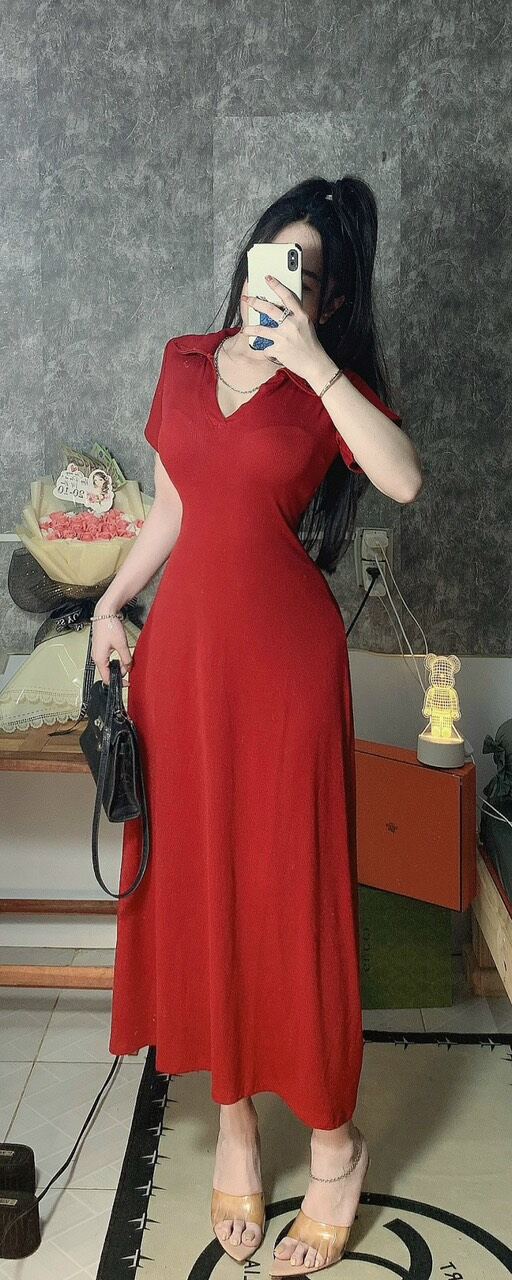 Đầm maxi cổ bẻ dáng dài xòe siêu xinh