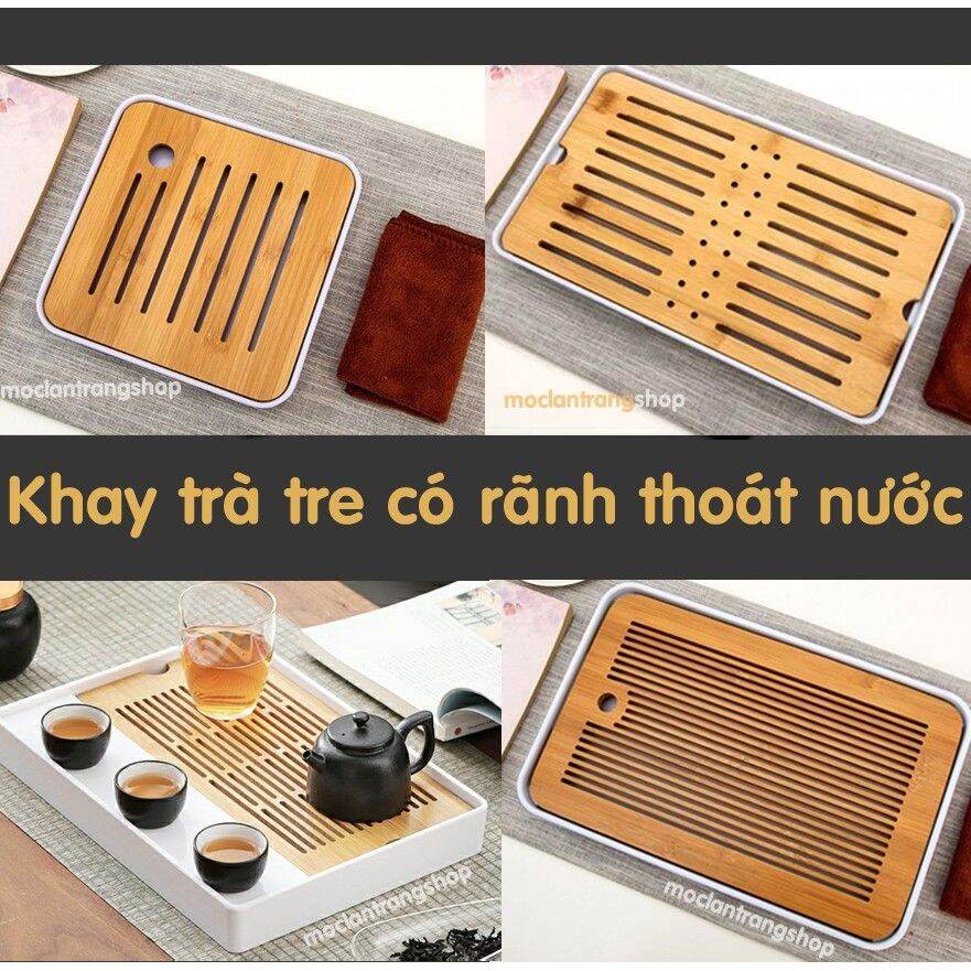 Khay trà tre 2 lớp loại 1 dày dặn, có đế hứng nước. Khay đựng ấm chén tách uống chè màu gỗ tự nhiên