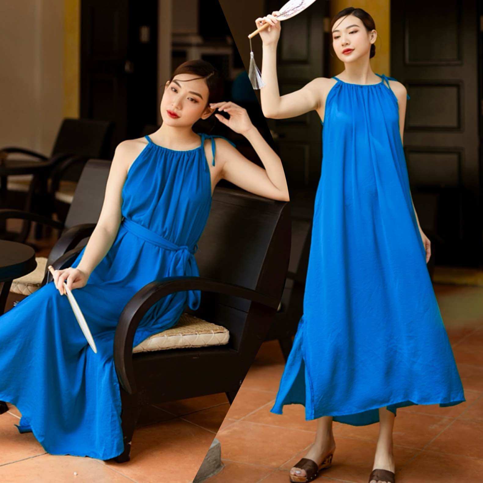 Đầm lụa suông cổ yếm kèm dây buộc eo nữ tính Infashion