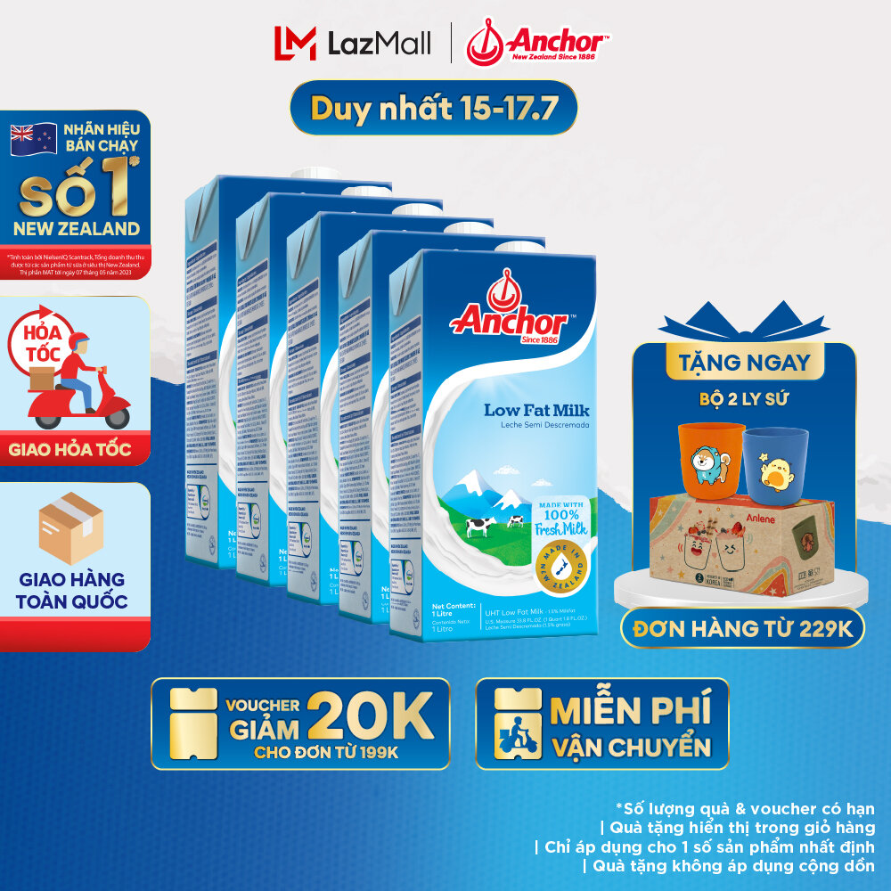 [GIAO HÀNG HỎA TỐC - HCM] Combo 5 Sữa Tươi Tiệt Trùng Anchor Ít Béo Hộp 1 Lít