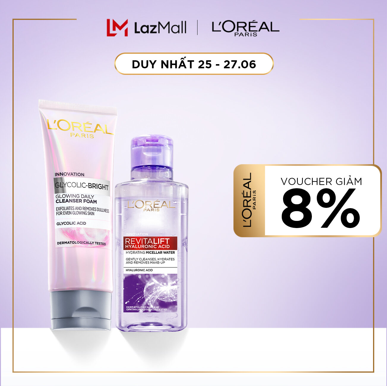 Bộ sữa rửa mặt và nước tẩy trang căng mướt cấp ẩm giảm nếp nhăn L’Oréal Paris Hyaluronic Acid (100ml + 95ml)