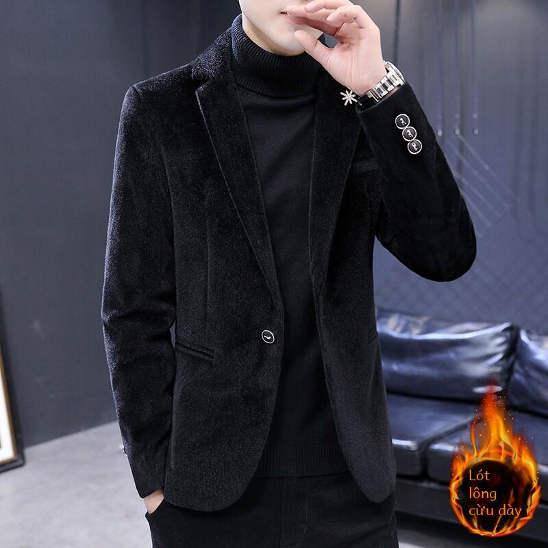 Áo Khoác Len Lót Lông Cừu Dày Thời Trang Thu Đông Cho Nam Áo Khoác Ngoài Thường Ngày Đơn Giản Phong Cách Hàn Quốc Cài Nút Dài Tay