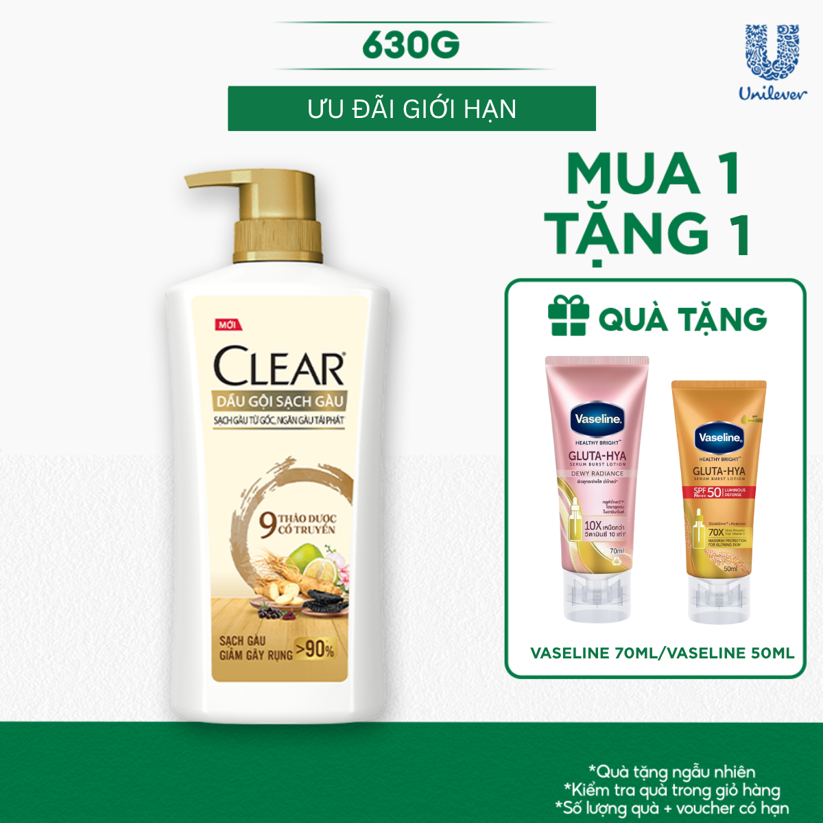 Dầu Gội CLEAR 9 Thảo Dược Cổ Truyền Sạch Gàu Giảm Gãy Rụng 630G