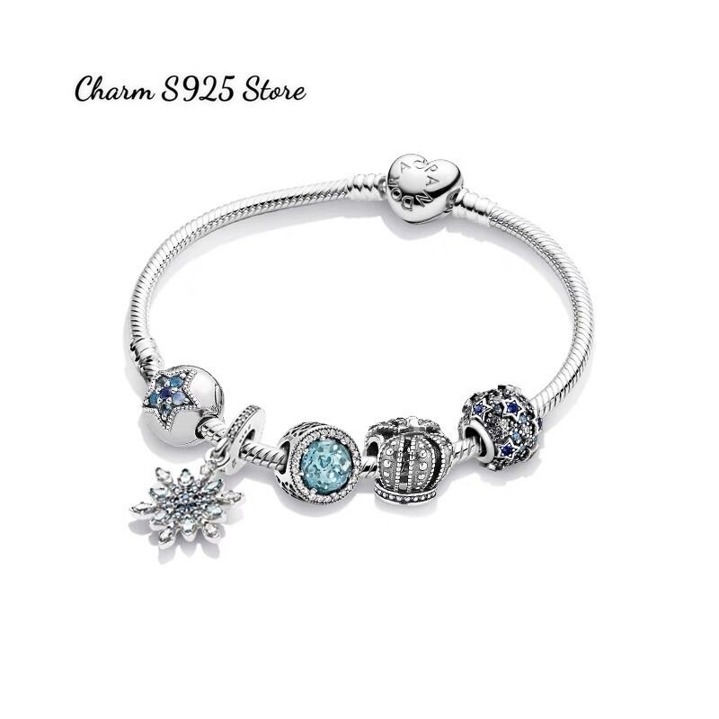 Combo bộ vòng tay pandora ale mix 5 hạt charm xanh bạc s925