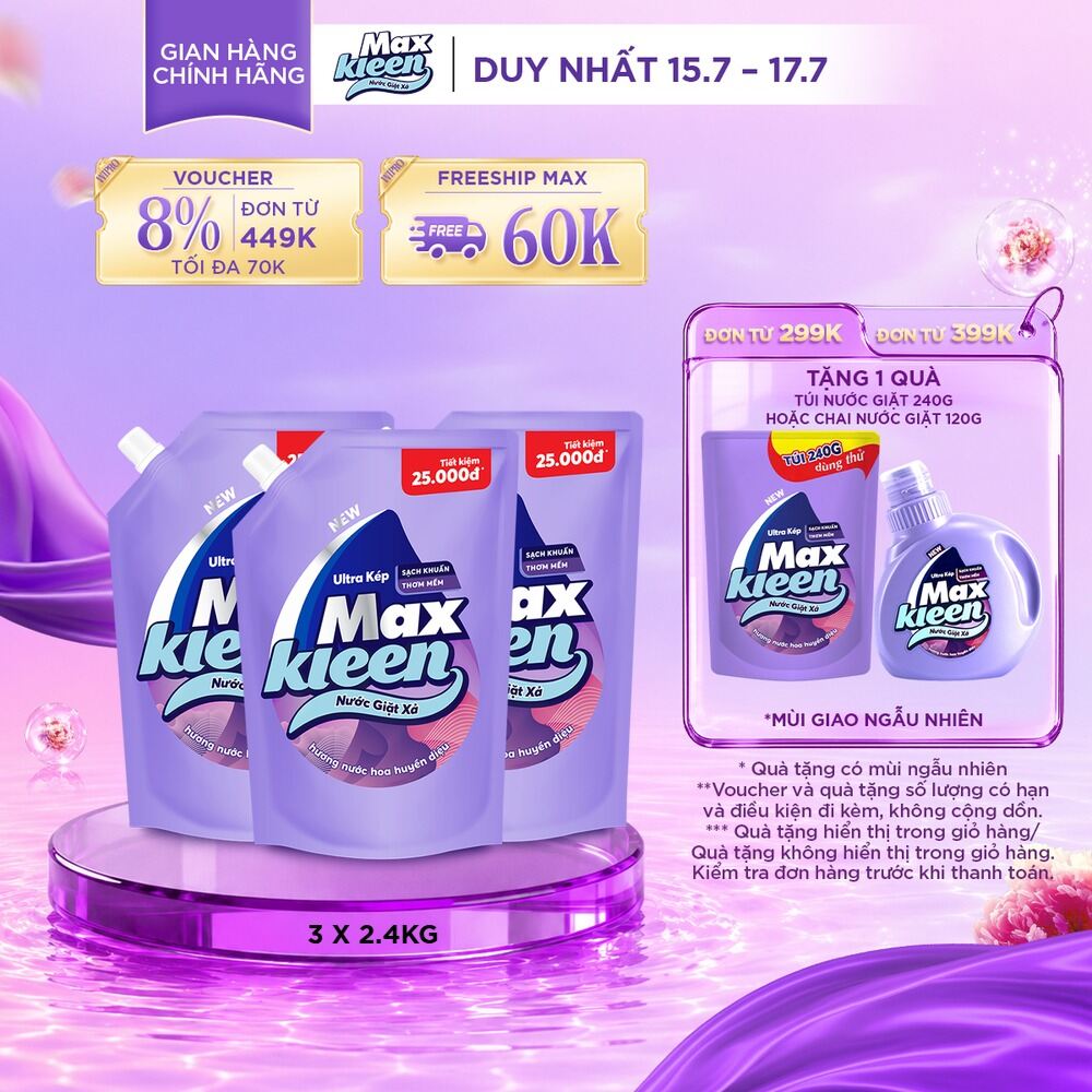 Combo 3 Túi Nước Giặt Xả MaxKleen Hương Nước Hoa Huyền Diệu (2.4kg/túi)