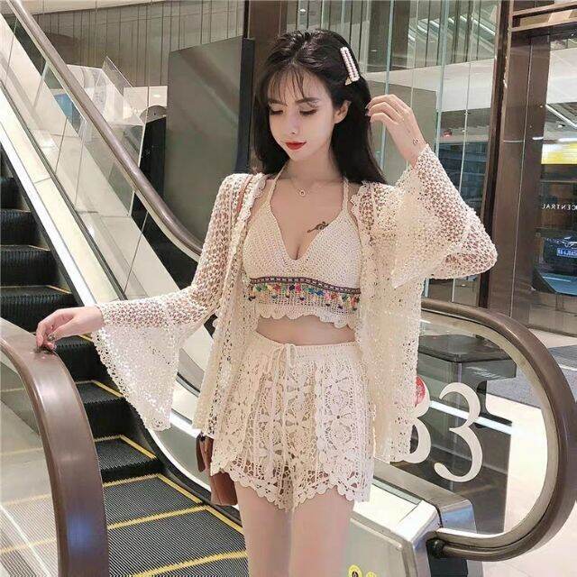 Áo bra lưới có lót mút ngực phối thổ cẩm đi bơi, đi biển cao cấp