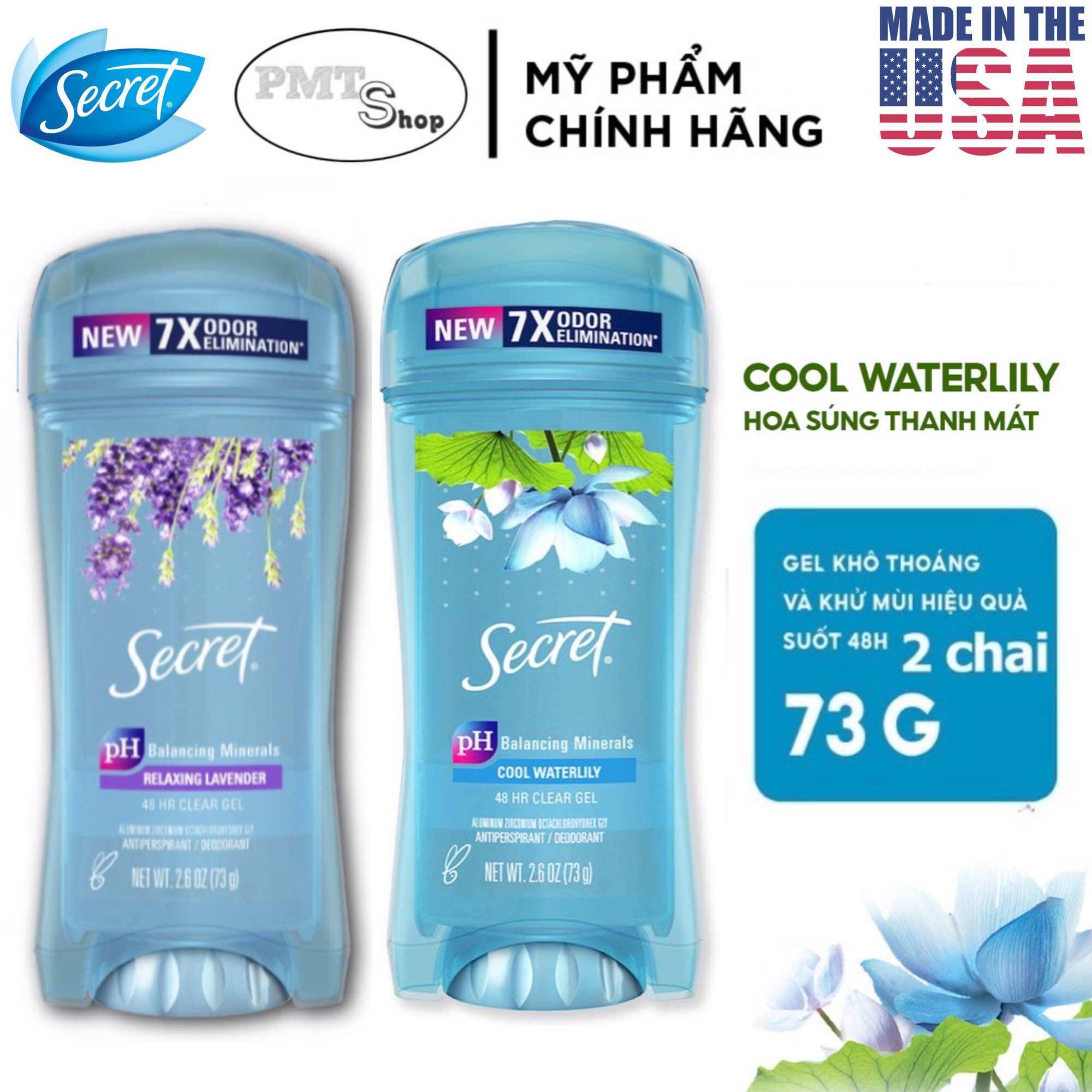 Combo 2 Lăn khử mùi nữ Secret Clear gel 73g Lavender Completely Clean Protecting Powder Unscented Cool Waterlily