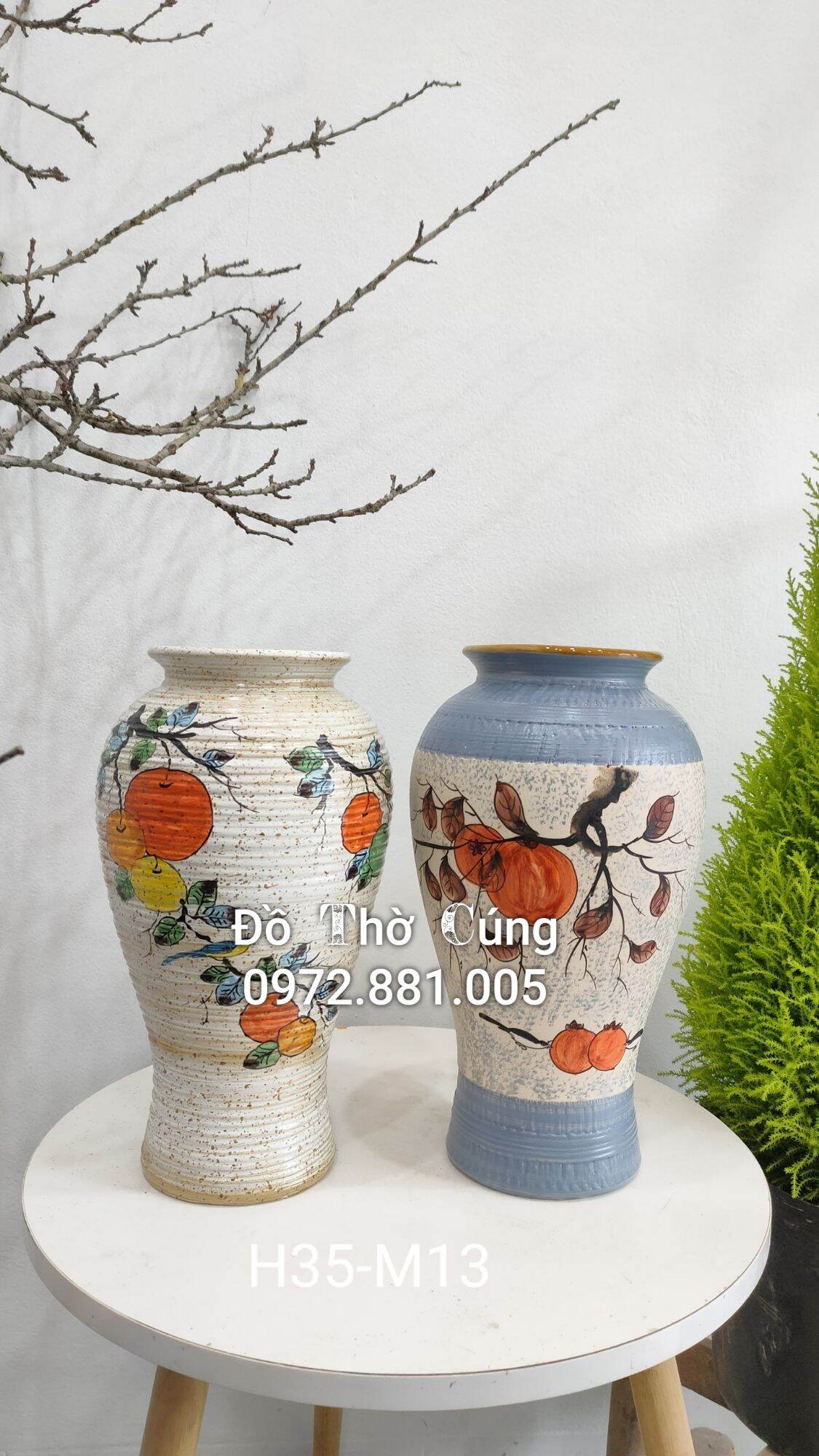 Lọ cắm đào, lọ cắm hoa dáng Đùi dế ( Men mộc vẽ tay )