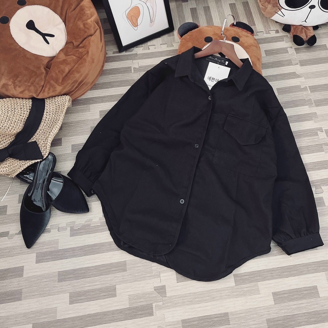 Áo khoác dáng sơmi túi hộp kaki da lộn tay phồng vạt bầu unisex ulzzang nam nữ