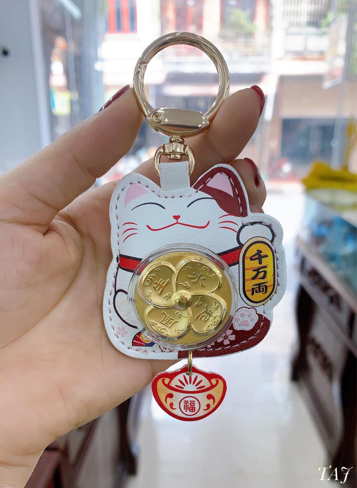 Móc chìa khoá mèo thần tài may mắn, mạ vàng đồng xu quay.