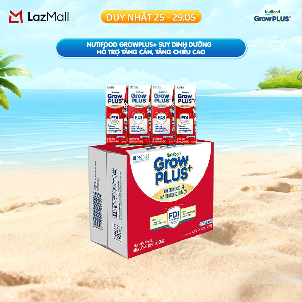 Thùng 24 hộp Sữa Nước Pha Sẵn Nutifood GrowPLUS+ Suy Dinh Dưỡng (Đỏ) - Hỗ trợ tăng cân, tăng chiều cao Ít đường 180ml - Trên 1 tuổi (Bao bì tùy đợt nhập hàng)