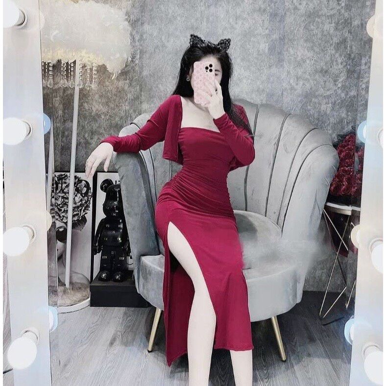 SÉT ĐẦM THUN GÂN XẺ KÈM ÁO KHOÁC DBD77