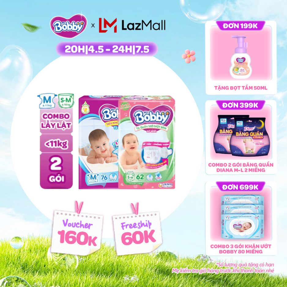 [CHỈ 20h 04-07.05 QT Đơn 899K/1199K][TẶNG MIẾNG NGẪU NHIÊN] Combo lẫy lật gồm 01 gói Tã dán Bobby M76 miếng và  01 gói Tã quần mở một bên S-M 62 miếng