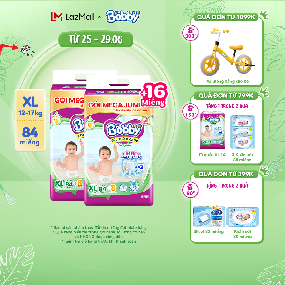 Combo 2 Tã/bỉm quần Bobby 3mm Gạo non XL84