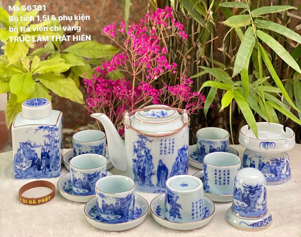 Bộ ấm tích men lam”Trúc lâm thất hiền”. Gốm sứ Bát Tràng.