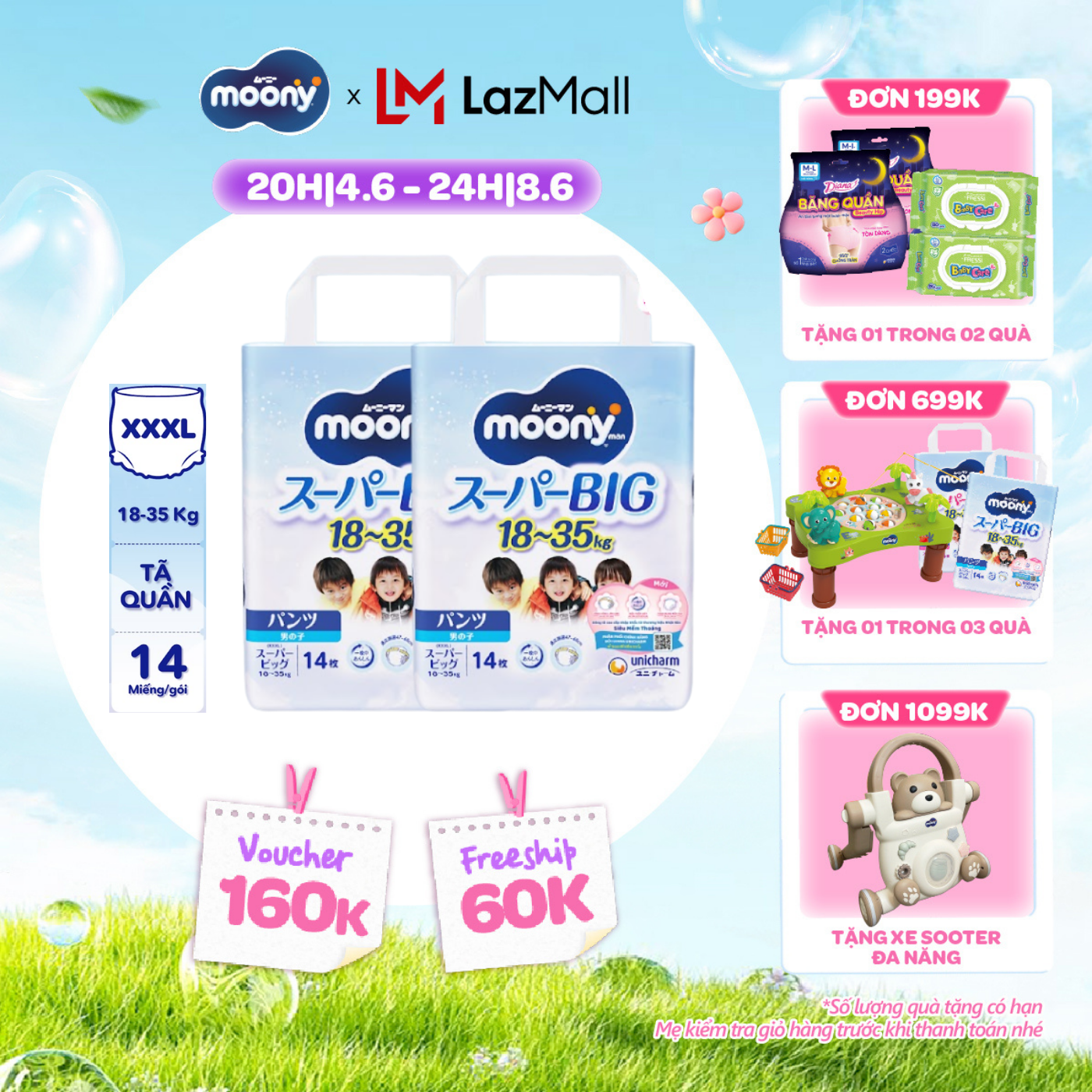 [QUÀ TẶNG HẤP DẪN TỪ 9-10.6] Combo 2 tã quần cao cấp Moony Bé Trai XXXL14 miếng - Nhập khẩu từ Nhật Bản