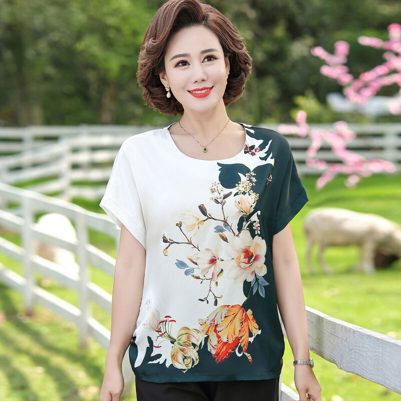 Trang Phục Mùa Hè Cho Mẹ Kiểu Tây Áo Thun Ngắn Tay Trang Phục Nữ Trung Niên 40 Tuổi 50 Mẫu Mới 2022 Bộ Hai Chiếc Áo Cho Người Già