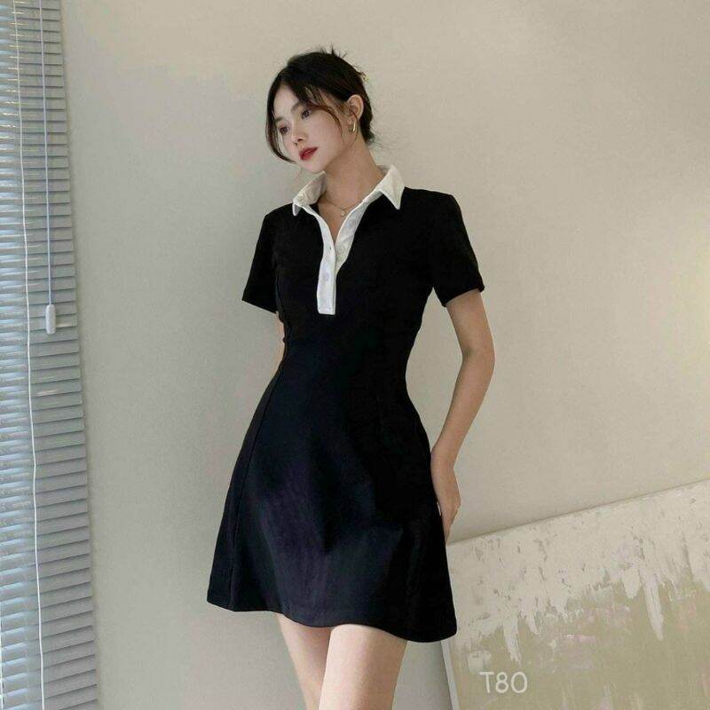 [HCM]Đầm Fom Chữ A Phối Cổ Trắng
