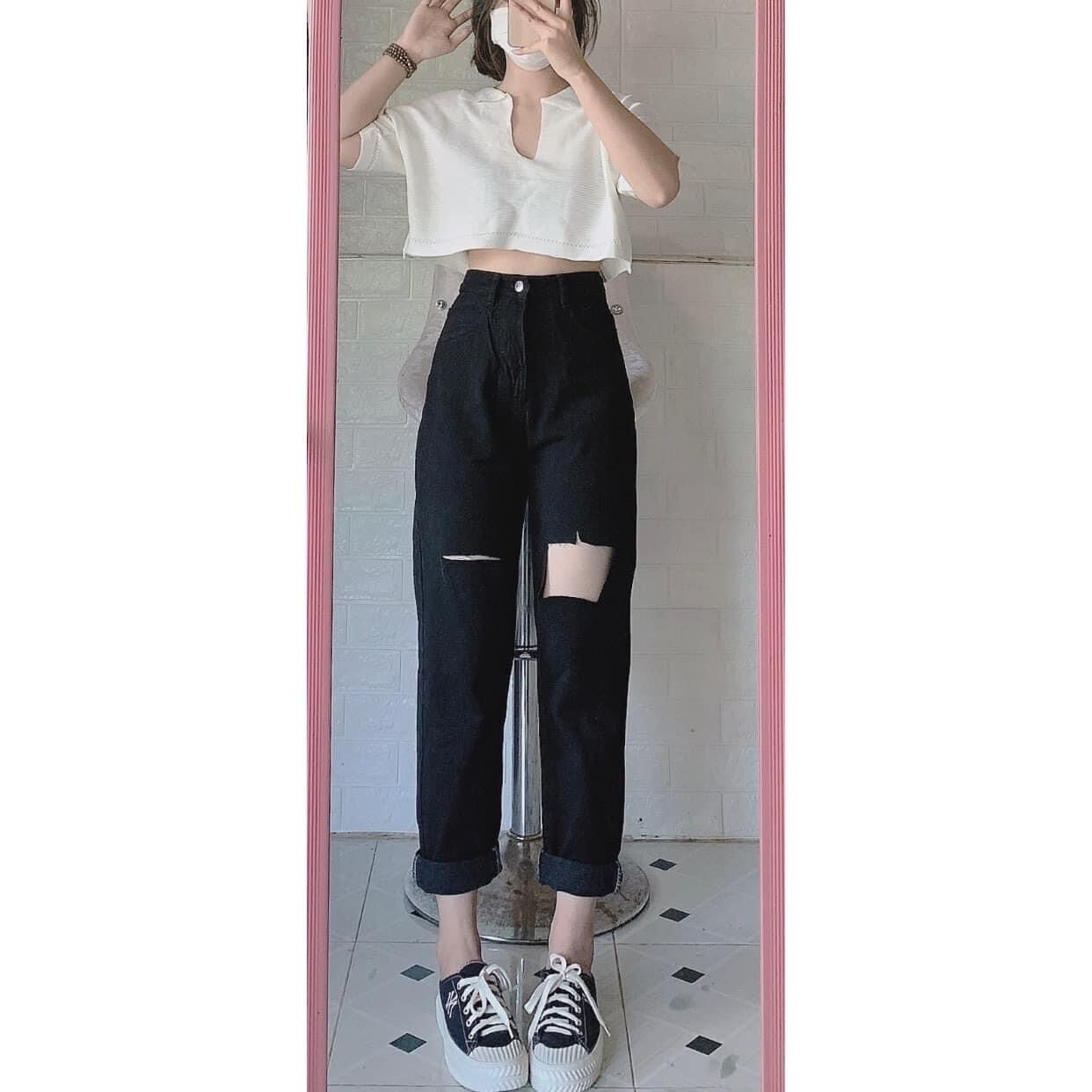 Set baggy jeans đen rách PT Ô + crop cổ bẻ xẻ V
