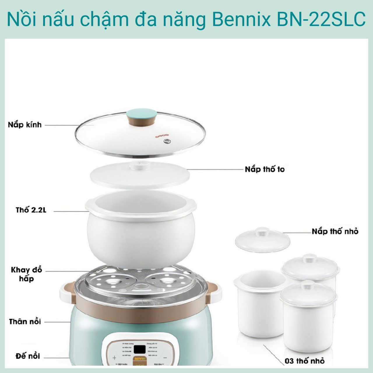 Nồi nấu chậm cách thủy & có hấp 2.2L bennix BN-22WCG