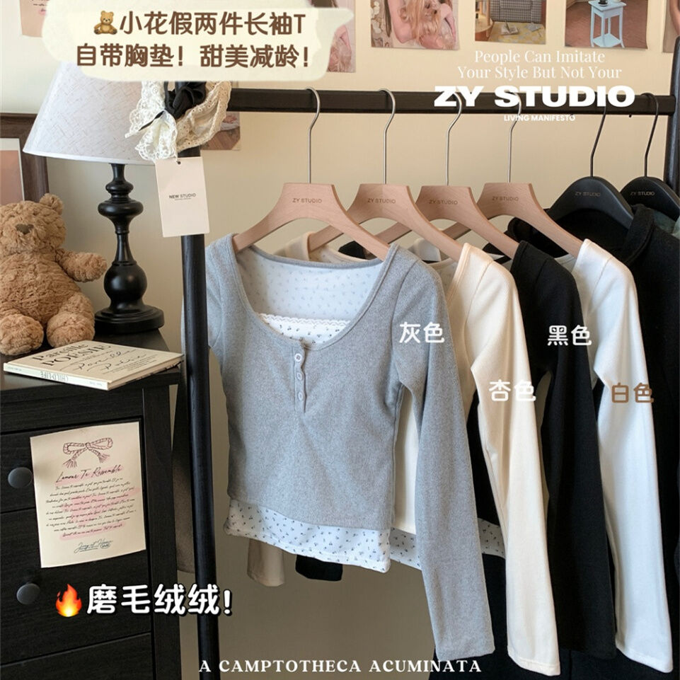 Áo Len Dệt Kim Hai Mảnh Cho Nữ Dáng Ôm Họa Tiết Hoa Mùa Thu Đông Áo Lót Bên Trong Thời Trang Thường Ngày Dài Tay Cổ Tròn Ngắn