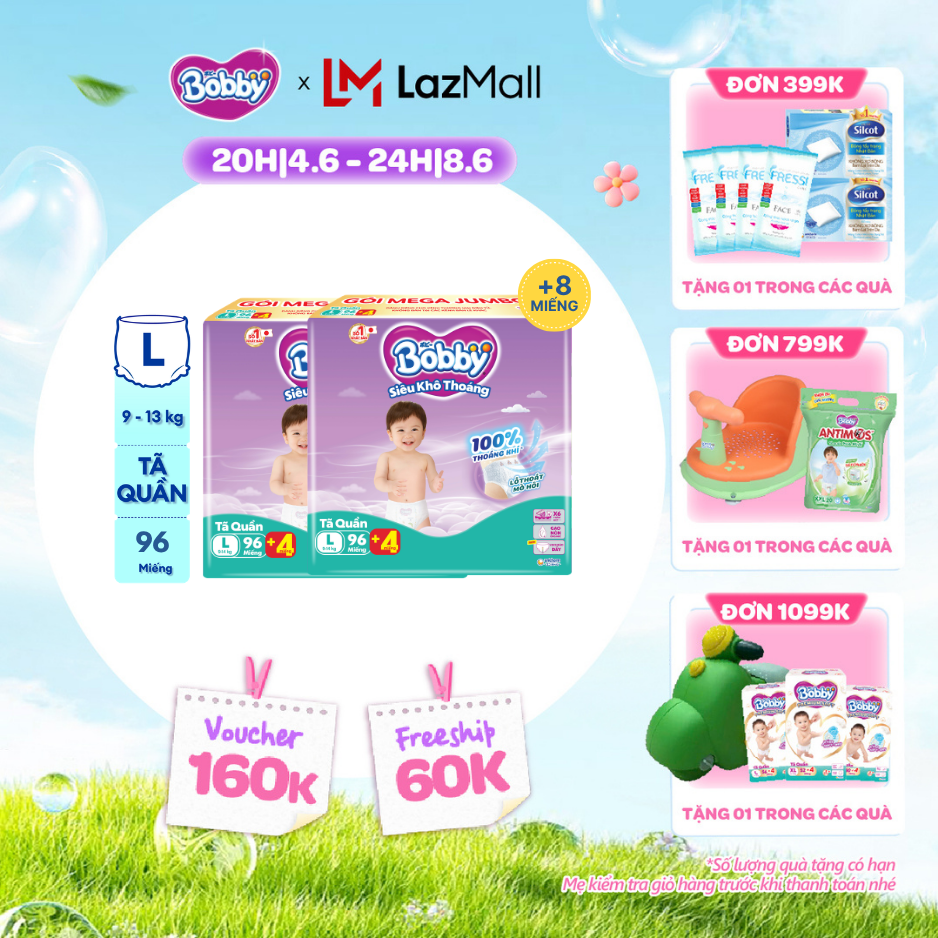 [QUÀ TẶNG HẤP DẪN TỪ 9-10.6][TẶNG MIẾNG NGẪU NHIÊN] Combo 2 Tã/bỉm quần Bobby 3mm Mega Jumbo Siêu khô thoáng L96
