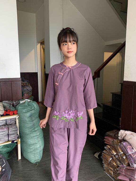 Bộ nữ đi chùa vải kate viền đôi