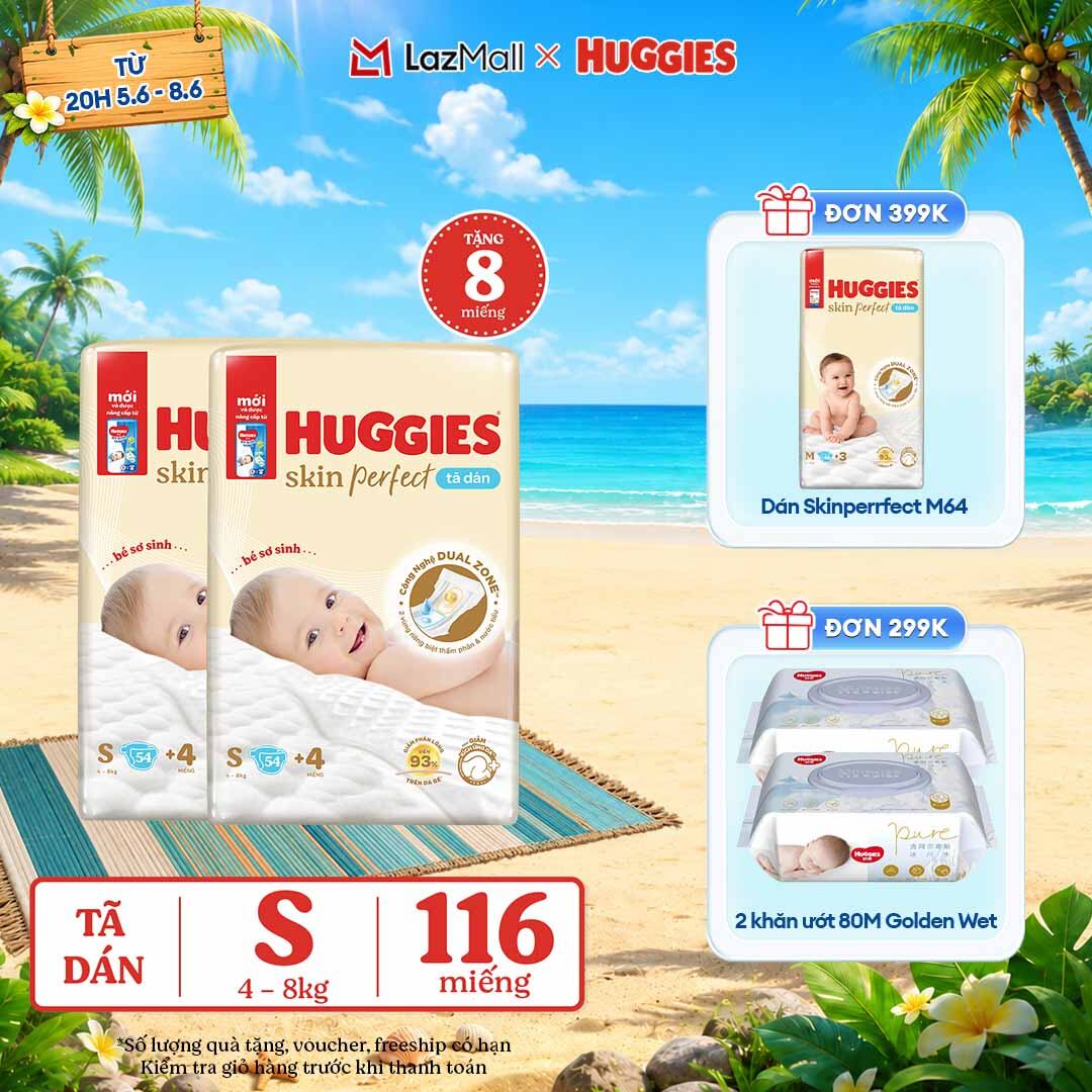 [CHỈ 9-10.6 QUÀ TẶNG ĐƠN 0Đ]  Combo 2 Tã/bỉm dán sơ sinh Huggies Skin Perfect S 54 miếng với 2 vùng thấm giảm kích ứng da (số miếng tặng kèm thay đổi theo từng đợt nhập hàng)