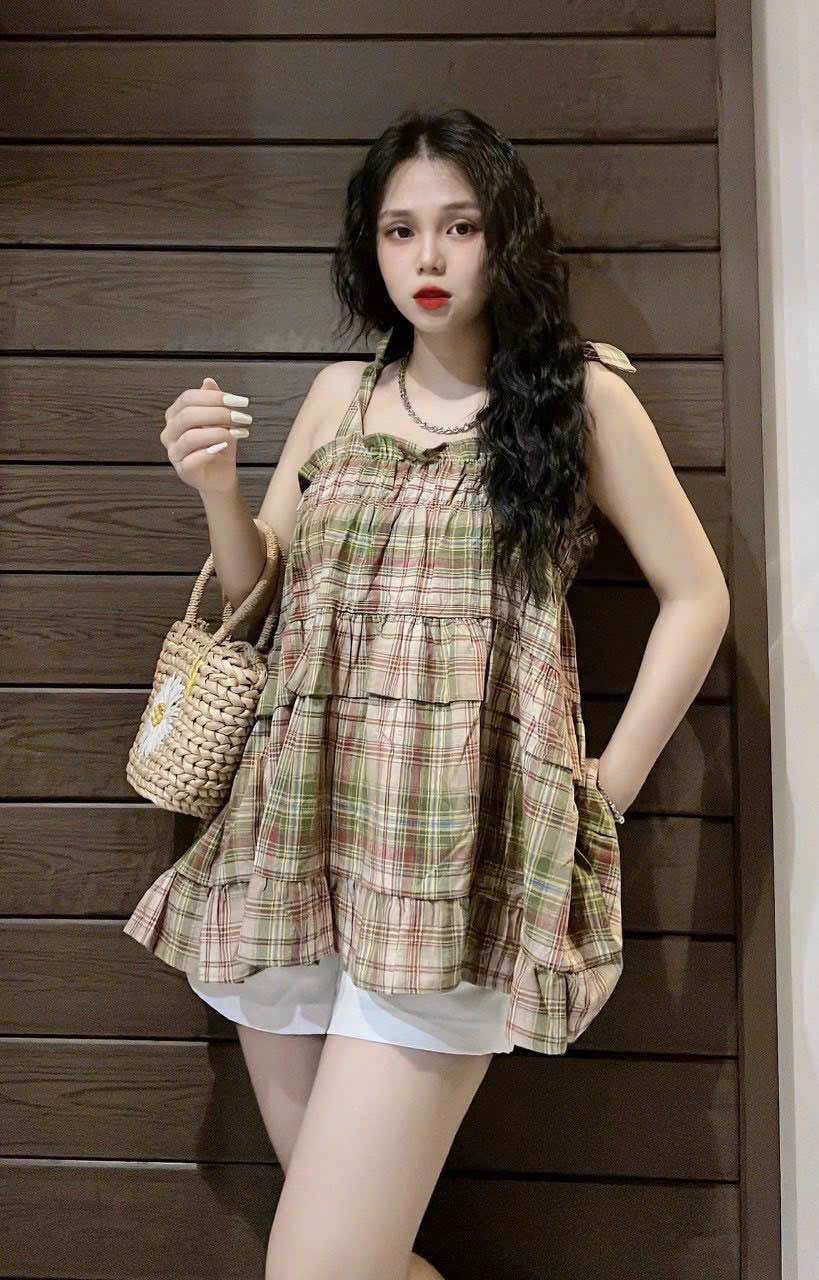 Áo dây cột vai xô caro sang xịn mịn