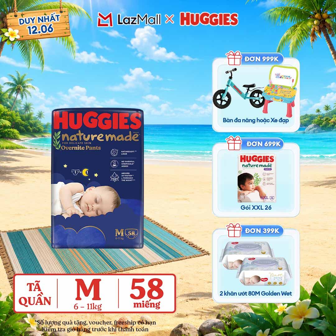 [Chỉ 22-24.06 QUÀ TẶNG ĐƠN 399K](Mua 1 tặng 1) Tã quần Huggies Naturemade ban đêm M58