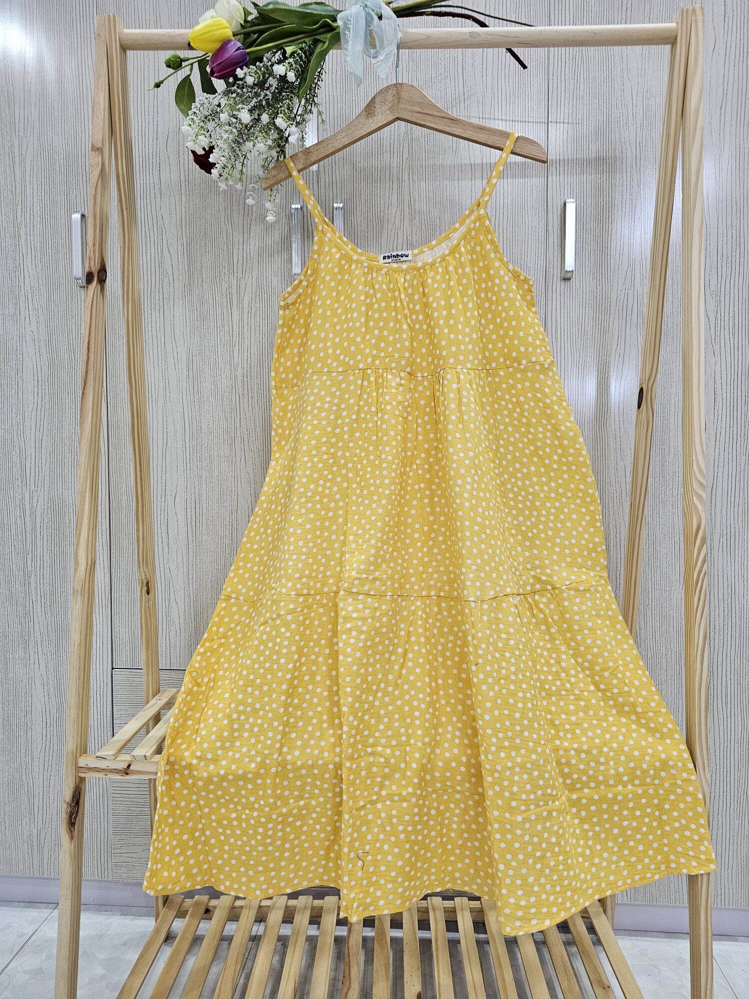 Đầm hai dây, đầm ngủ, đầm mặc nhà, đầm ngủ dễ thương, đầm ngủ xô muslin 100% cotton chấm bi