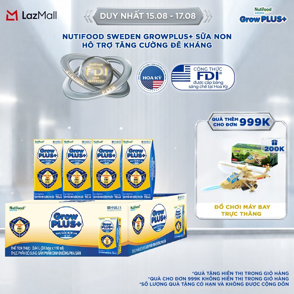 Thùng 24 hộp Sữa Bột Pha Sẵn Nutifood GrowPLUS+ Sữa Non (Vàng) - Hỗ Trợ Tăng Cường Đề Kháng 110ml - Trên 2 tuổi