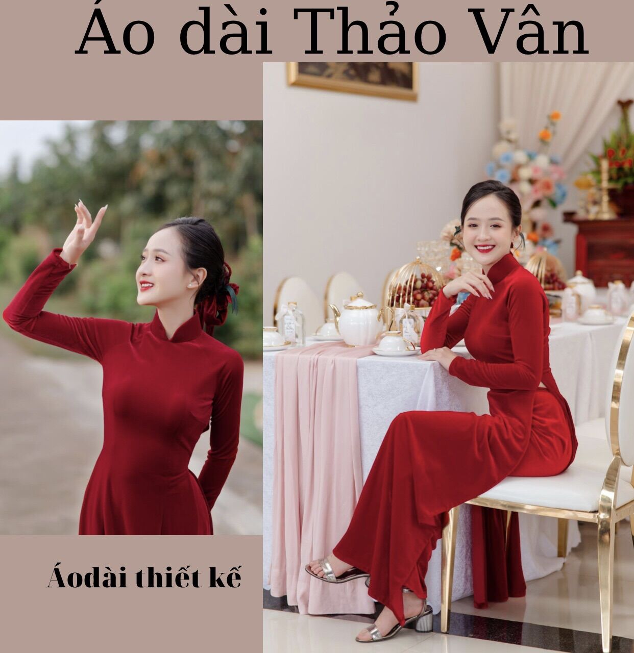 Áo dài cô dâu đỏ nhung cao cấp-TV001