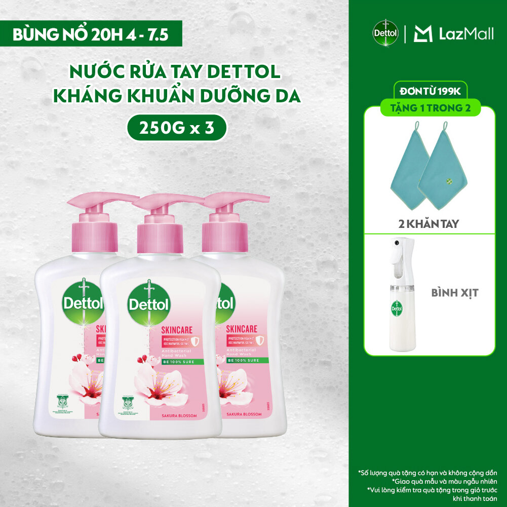 Combo 3 nước rửa tay Dettol kháng khuẩn dưỡng da, hương hoa anh đào - Chai 250g