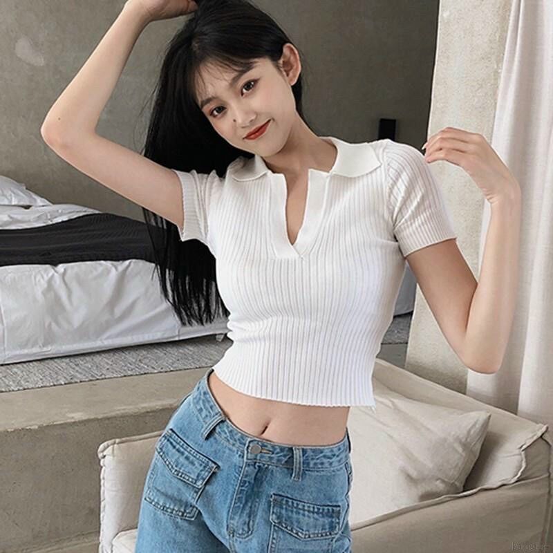 Áo Croptop Gân Cổ Bẻ Xẻ V