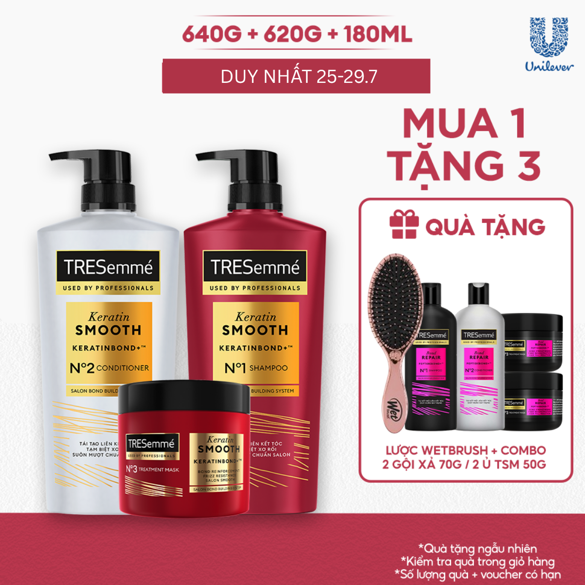 [VC 12% tối đa 50K đơn 359K] Combo Dầu Gội, Dầu Xả, Kem Ủ TRESemmé Keratin Smooth Keratinbond+ 640g, 620g, 180ml Cho Tóc Khô Xơ Rối Vào Nếp Suôn Mượt