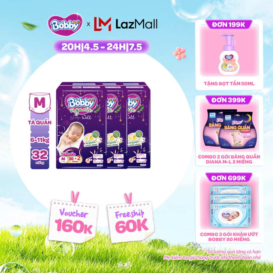 [CHỈ 20h 04-07.05 QT Đơn 899K/1199K][Combo 3] [MỚI RA MẮT] [Tặng kèm 2 miếng] Tã Quần Cao Cấp Ban Đêm Bobby Organic Sleep Well  - Size M30+2