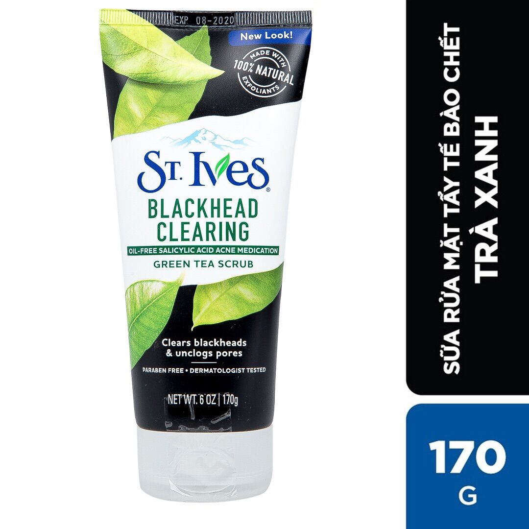 Sữa Rửa Mặt Tinh Chất Trà Xanh Tẩy Tế Bào Chết St.Ives Blackhead Clearing Green Tea Scrub 170g - USA (trắng)