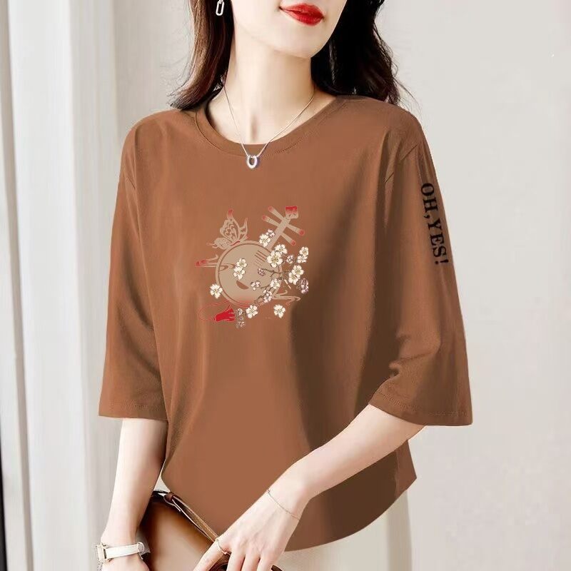 Áo Thun Tay Lửng in Họa Tiết Phong Cách Trung Hoa Rộng Rãi Cho Phụ Nữ Trung Niên Và Cao Tuổi Mùa Hè Thường Ngày