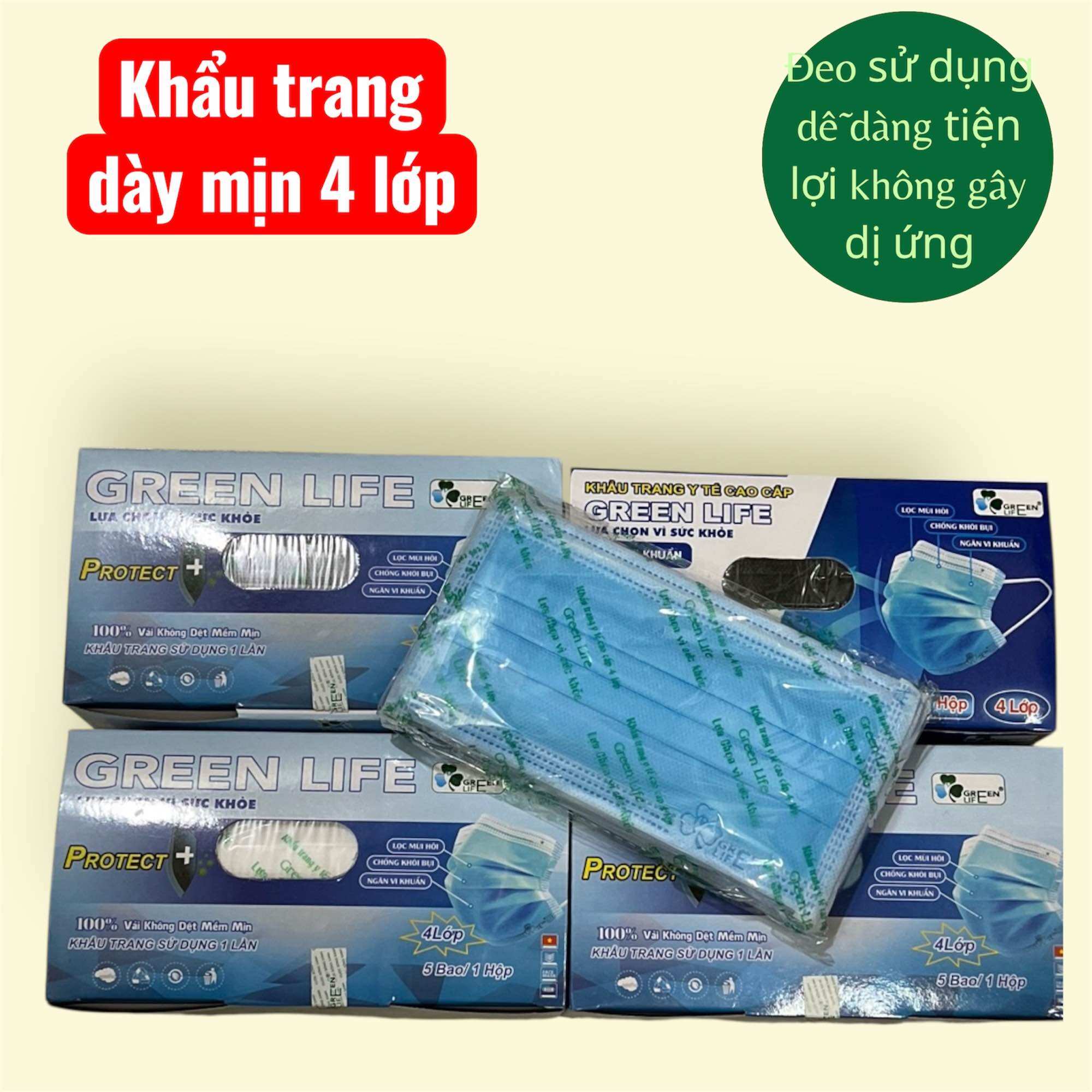 hộp 50 cái khẩu trang y tế 4 lớp cao cấp Green life chống khói bụi ngừa vi khuẩn mịn đẹp không xù lông