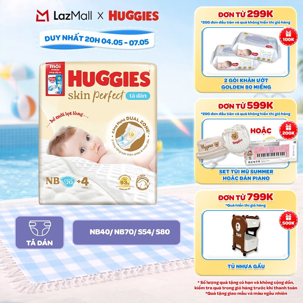 Tã/Bỉm Dán Sơ Sinh Huggies Skin Perfect NB/S với 2 Vùng Thấm Giảm Kích Ứng Da