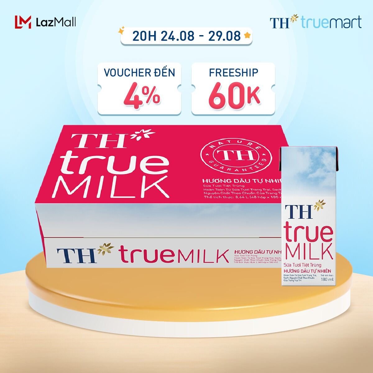 Thùng 48 hộp sữa tươi tiệt trùng TH true MILK hương dâu tự nhiên 180 ml