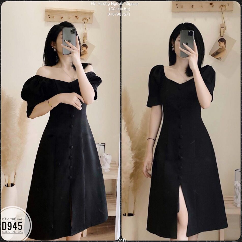60-90kg bigsize đầm trễ vai xẻ tà basic d945