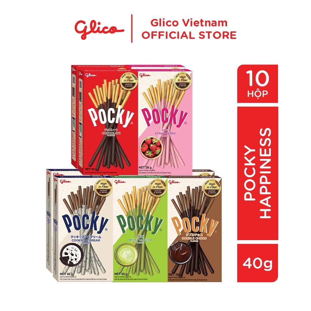 Bánh que phủ kem nhiều vị GLICO Pocky (Combo 10 hộp - 2 socola 2 dâu 2 cookie 2 matcha 2 double choco)